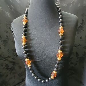 Vintage Long Necklace Orange Black Gold Beads Plastic 38" Chunky Statement Piece